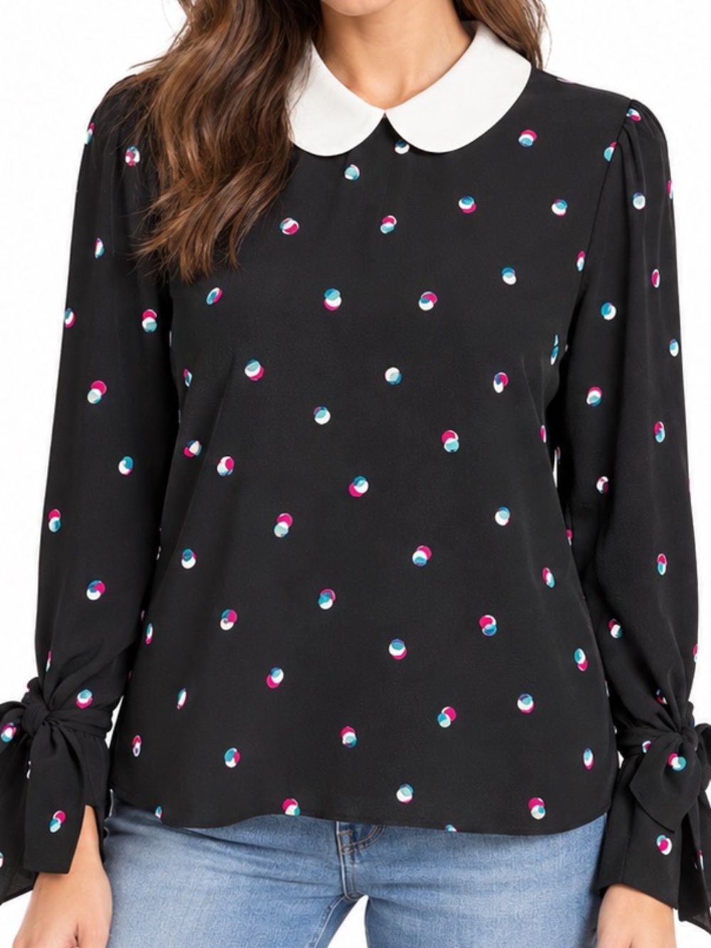 NWT CeCe Black Polka Dot Peter Pan Collar Tie Sleeve Blouse L